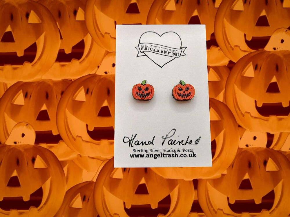 Tiny Hand Painted Wooden Halloween Studs - Carved Pumpkin