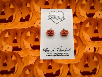 Tiny Hand Painted Wooden Halloween Studs - Carved Pumpkin