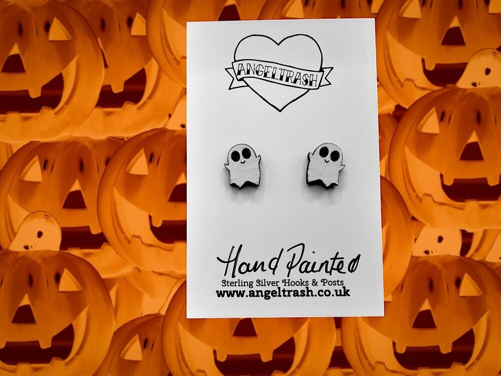 Tiny Hand Painted Wooden Halloween Studs - Ghosts