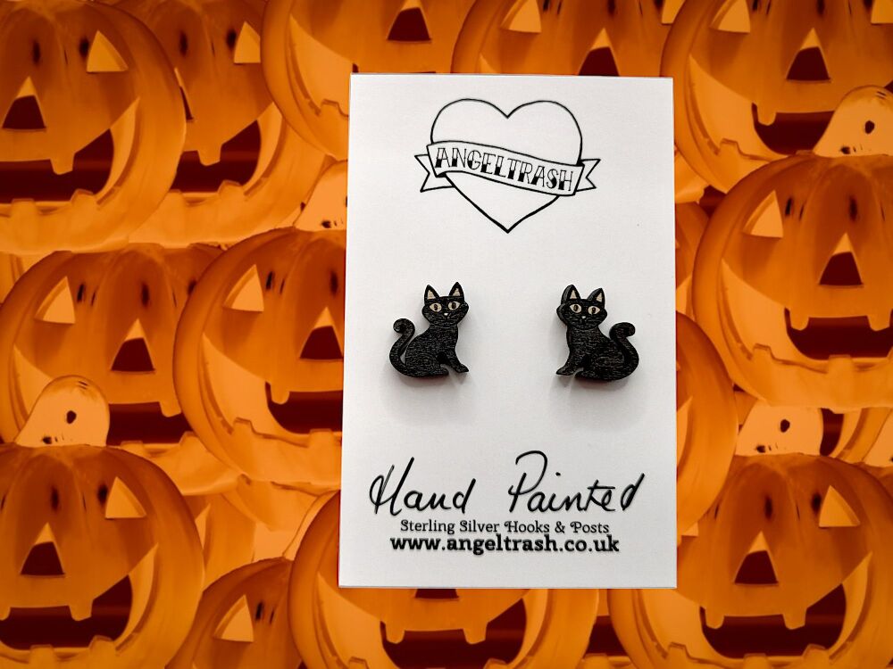 Tiny Hand Painted Wooden Halloween Studs - Sitting Black Cat