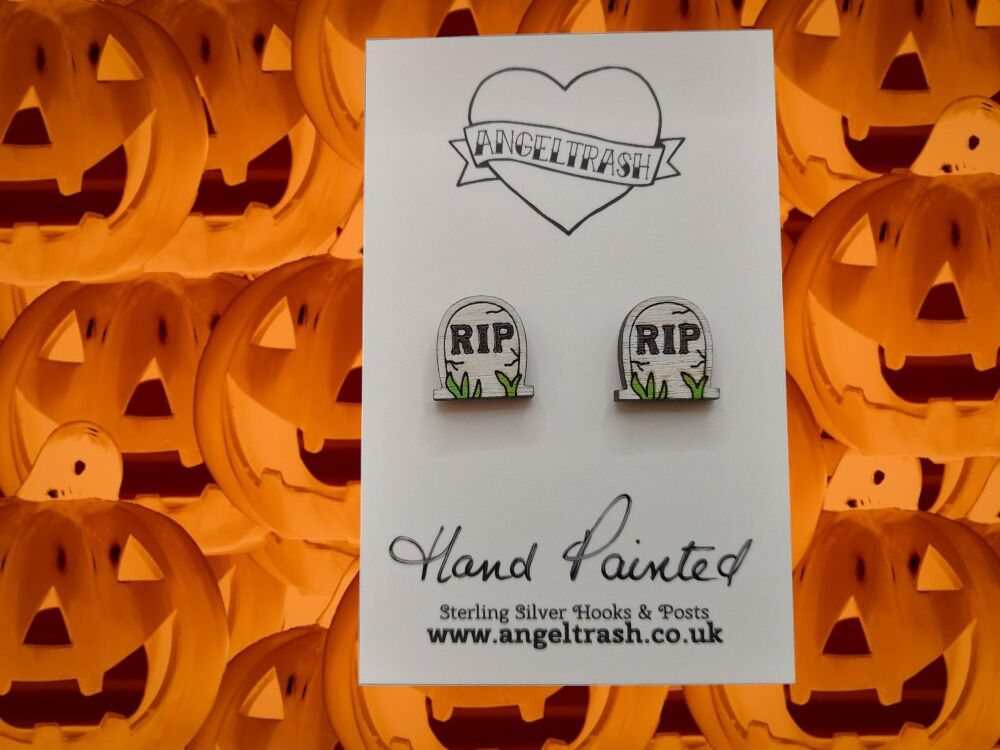 Tiny Hand Painted Wooden Halloween Studs - Tombstone