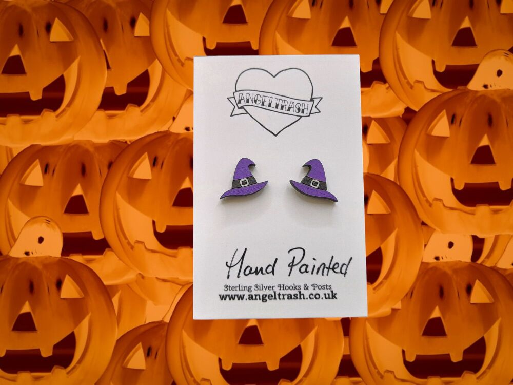 Tiny Hand Painted Wooden Halloween Studs - Witches Hat