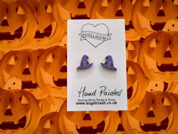 Tiny Hand Painted Wooden Halloween Studs - Witches Hat