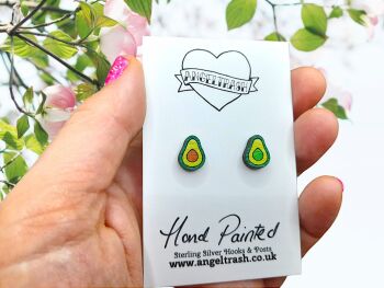 Tiny Hand Painted Wooden Stud Earrings - Avocado