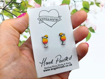 Tiny Hand Painted Wooden Stud Earrings - Cocktail