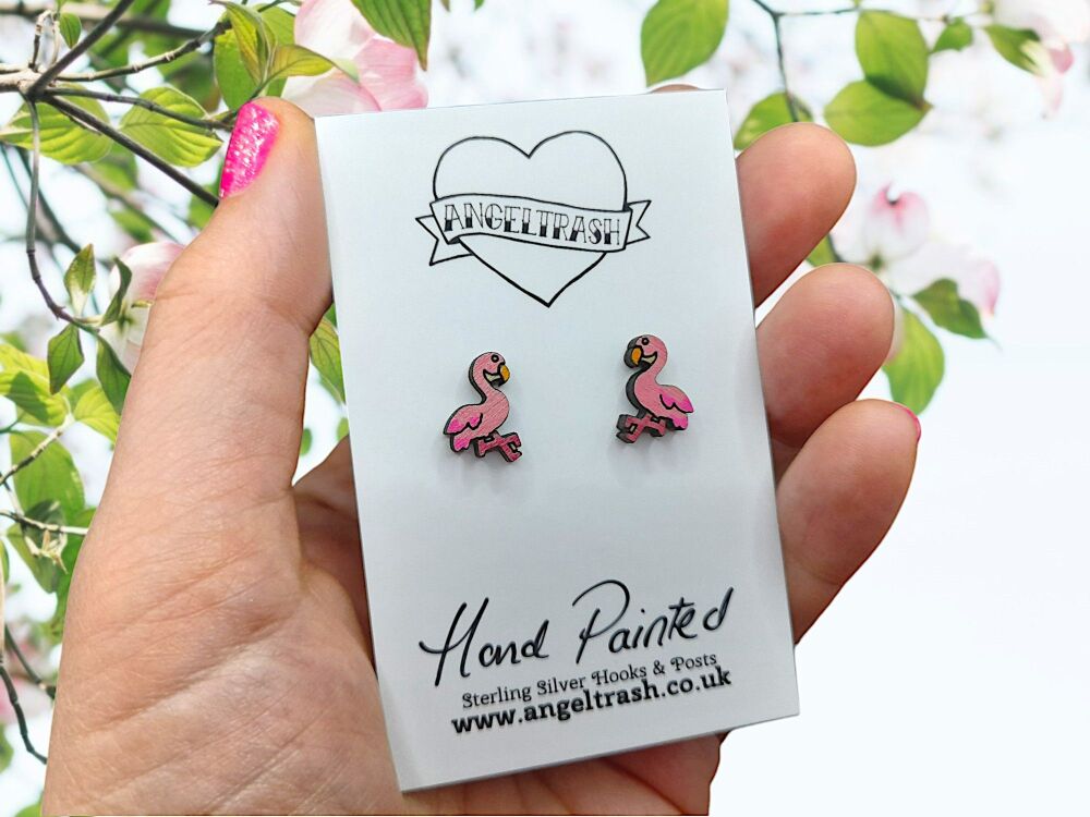 Tiny Hand Painted Wooden Stud Earrings - Flamingo