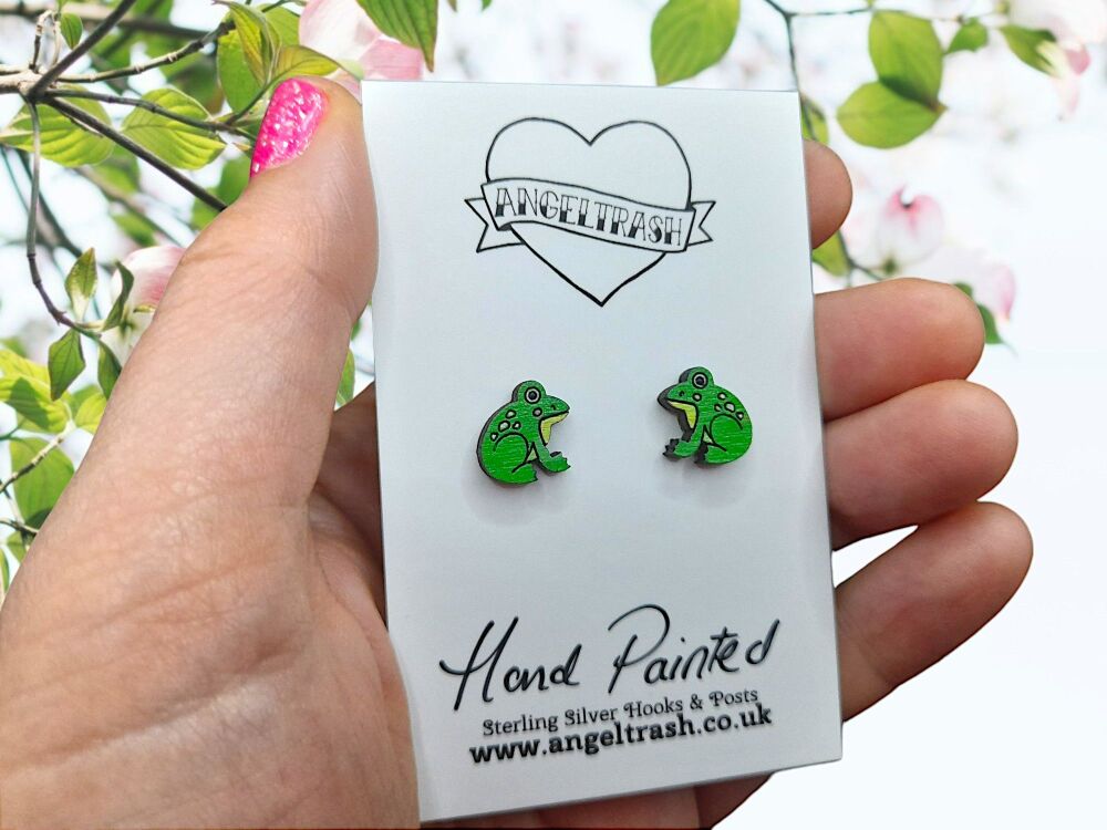 Tiny Hand Painted Wooden Stud Earrings - Frogs