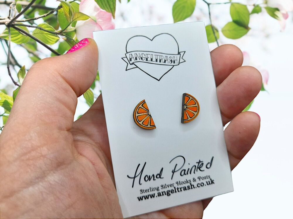 Tiny Hand Painted Wooden Stud Earrings - Orange Slices