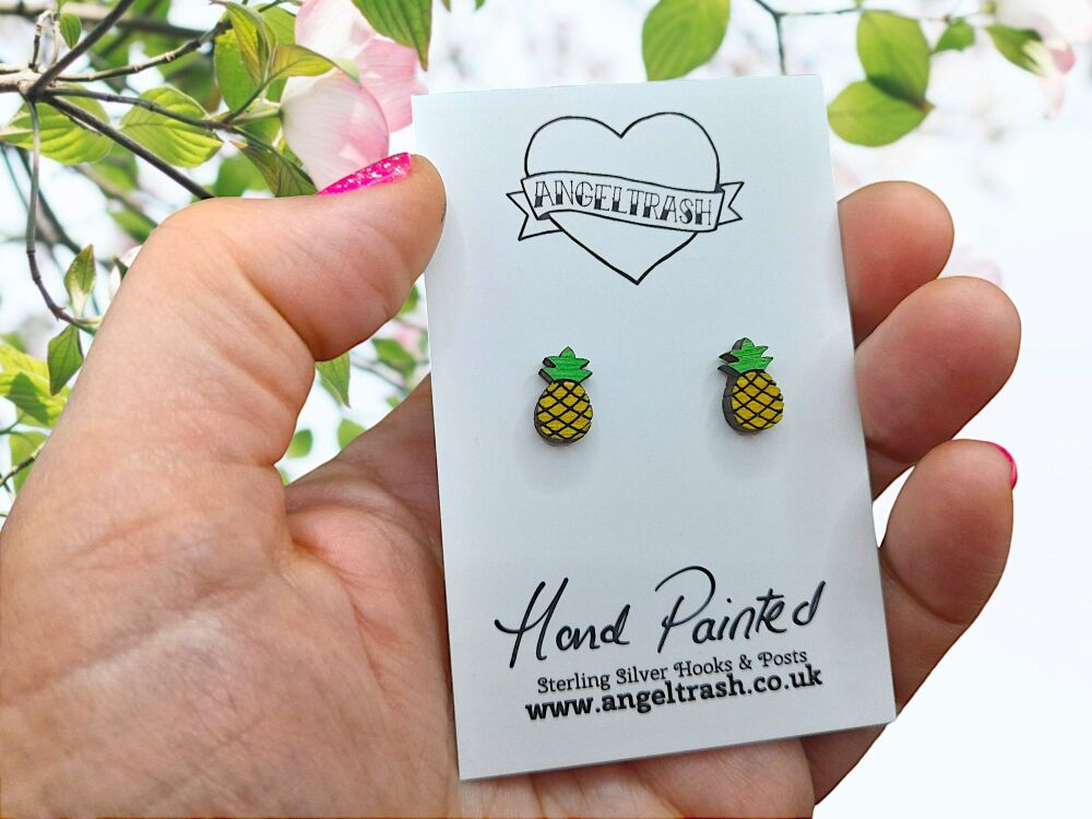 Tiny Hand Painted Wooden Stud Earrings - Pineapple