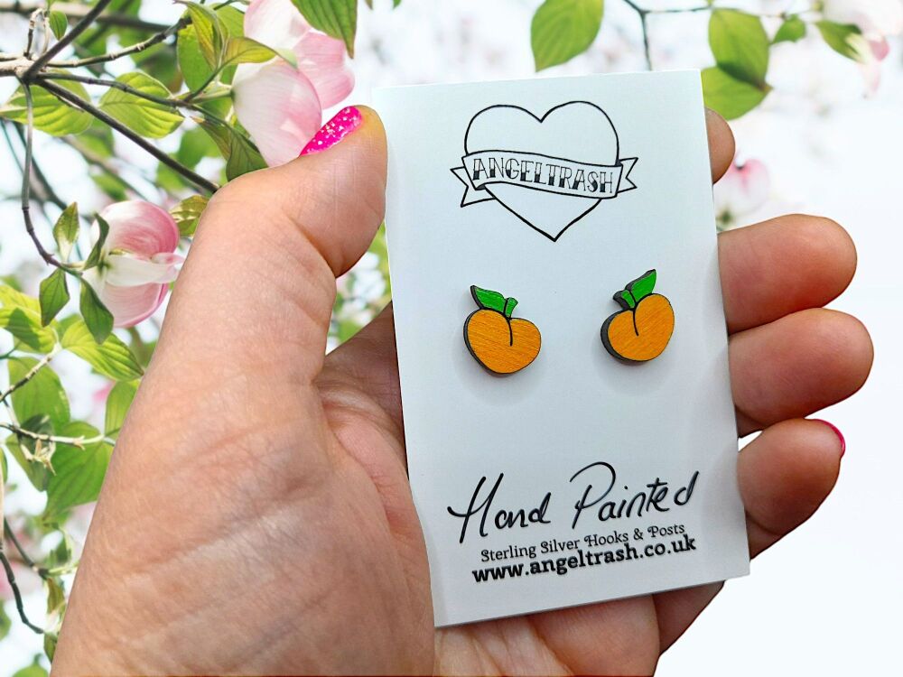 Tiny Hand Painted Wooden Stud Earrings -Peaches