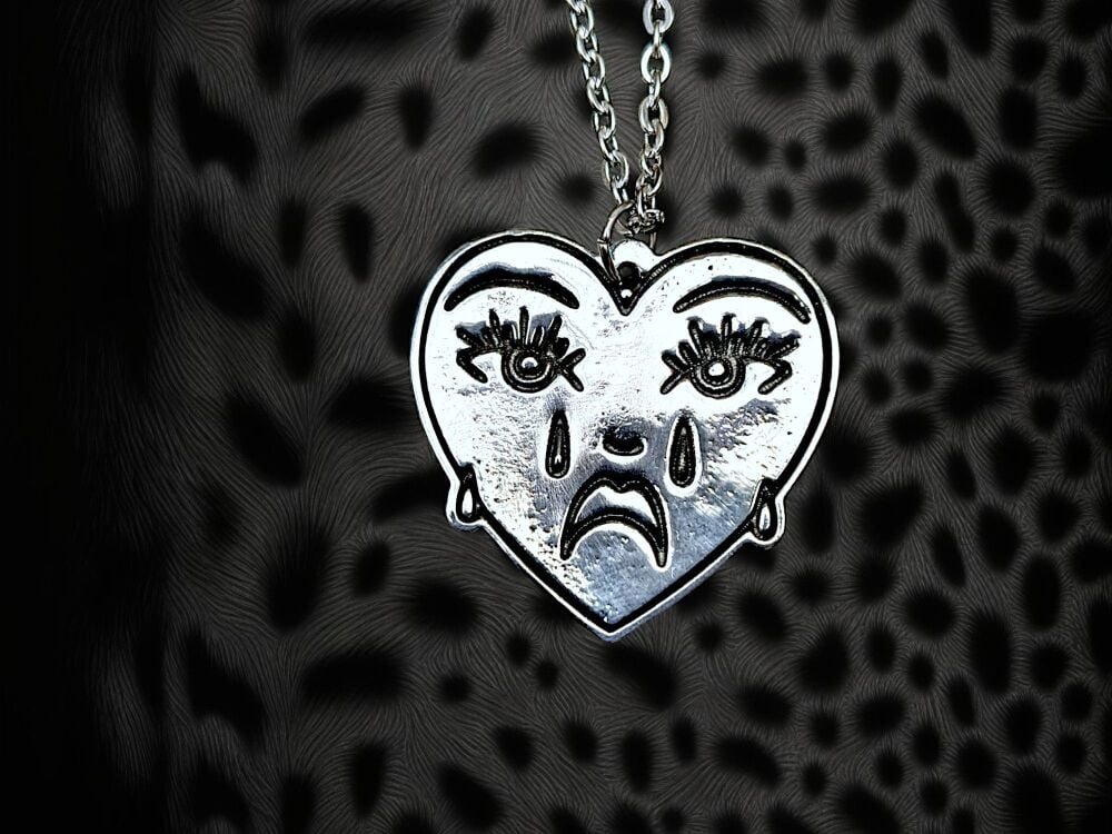 Necklace - Pewter - Traditional Crying Heart Tattoo