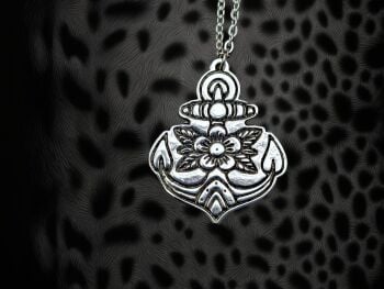 Necklace - Pewter - Traditional Flower Anchor Tattoo