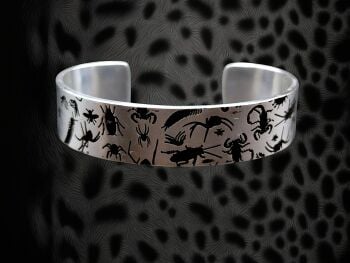 Bracelet - Pewter Narrow Cuff Bracelet with Bugs & Critters Pattern