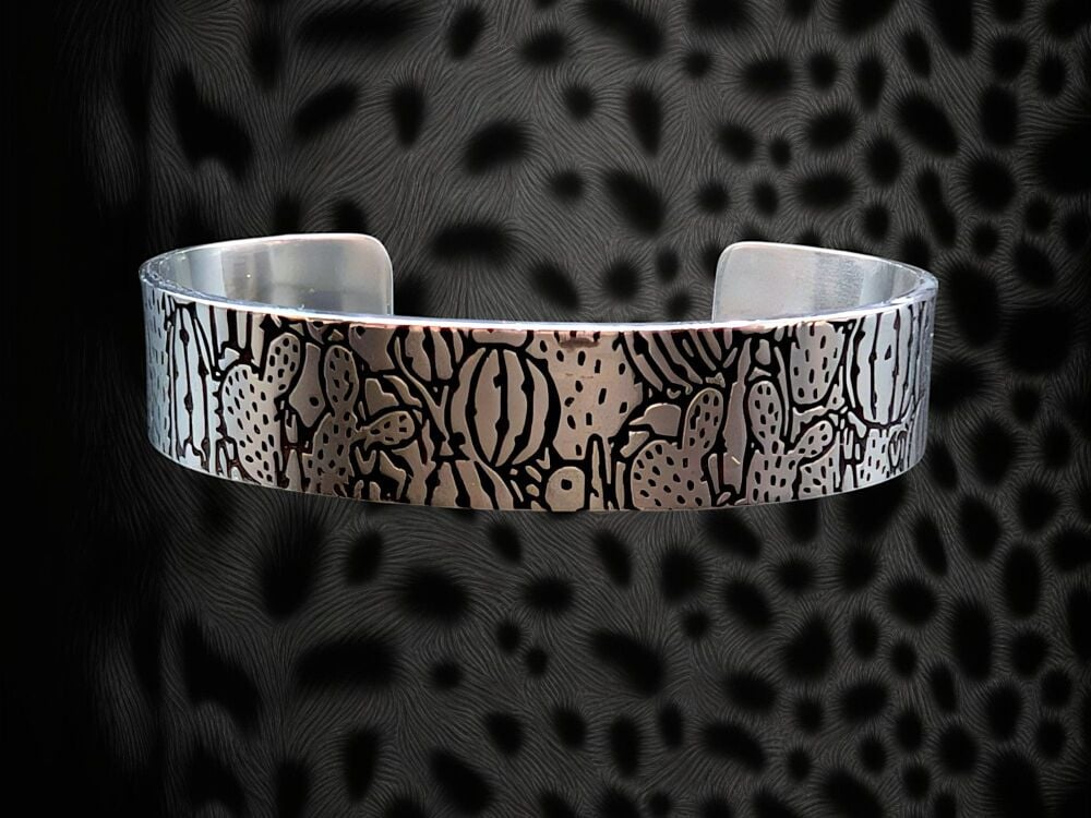 Bracelet - Pewter Narrow Cuff Bracelet with Cactus Pattern