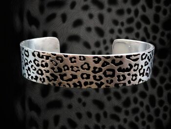 Bracelet - Pewter Narrow Cuff Bracelet with Leopard Print Pattern