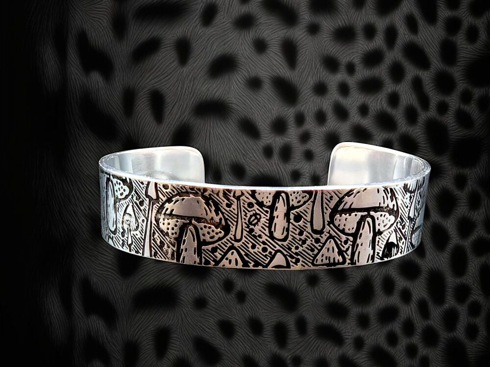 Bracelet - Pewter Narrow Cuff Bracelet with Mushroom/Fungi Pattern