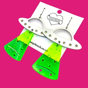 Crystal UFO Statement Earrings – Neon Green & Silver Acrylic with Austrian Crystals