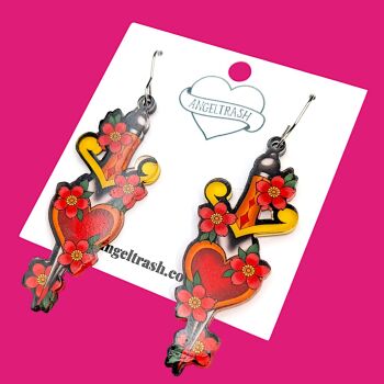 Old School Heart Flower Dagger Tattoo Earrings