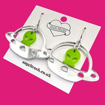 Alien UFO Earrings – Silver Mirror Acrylic