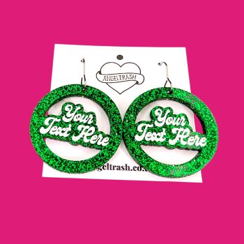 Name Earrings -Circle Shape - PinUp Font -  You Choose Colour & Text