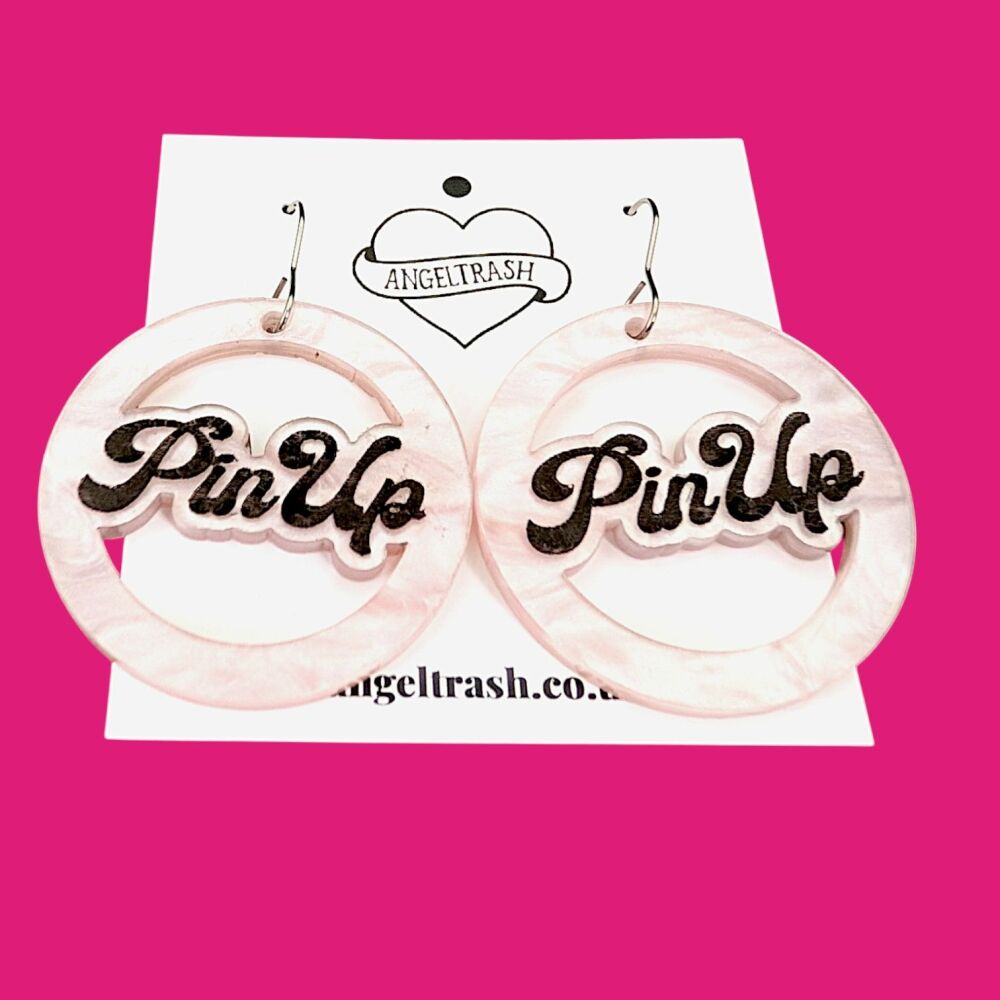 Name Earrings -Circle Shape - PinUp Font - Text: PinUP - You Choose Colour