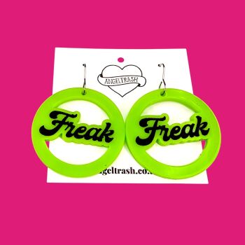 Name Earrings -Circle Shape - PinUp Font - Text: Freak -  You Choose Colour