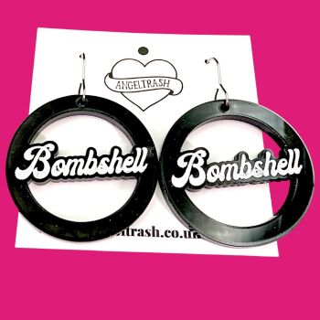 Name Earrings -Circle Shape - PinUp Font - Text: Bombshell -  You Choose Colour