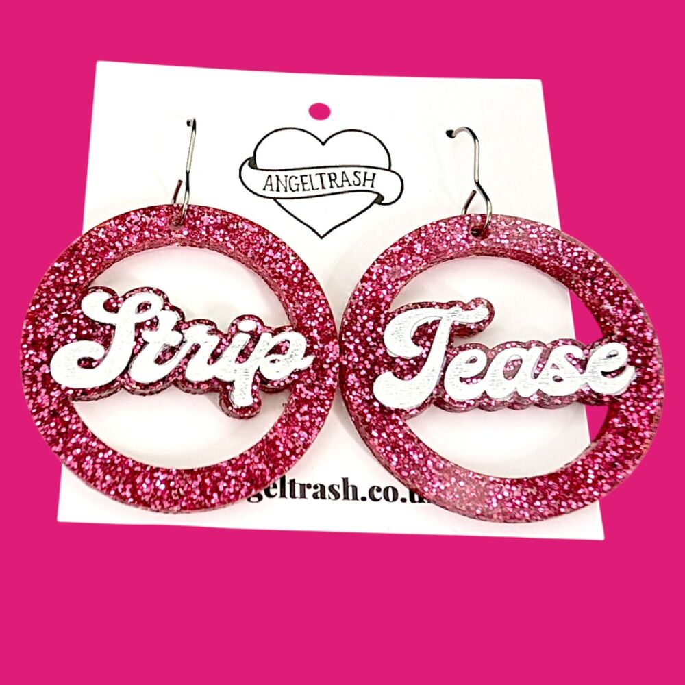 Name Earrings -Circle Shape - PinUp Font - Text: Strip Tease -  You Choose 