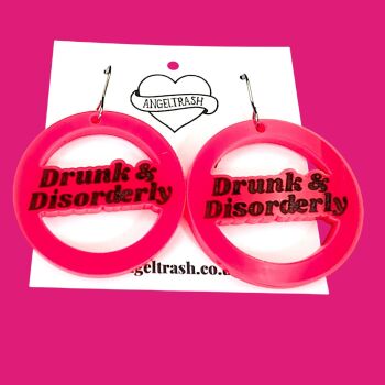 Name Earrings -Circle Shape - Shark Font - Text: Drunk & Disorderly - You Choose Colour
