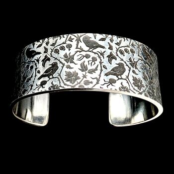 Bracelet - Pewter Wide Cuff Bracelet with Raven Forest pattern