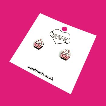Wooden - Tiny Hand Painted Studs - Cupcake