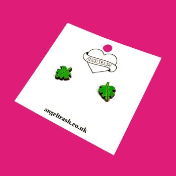 Wooden - Tiny Hand Painted Studs - Monstera Leaf