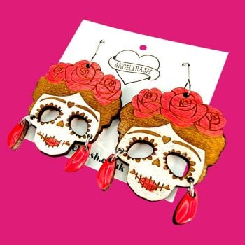 Wooden Dangle Earrings - Sugar Skull Frida