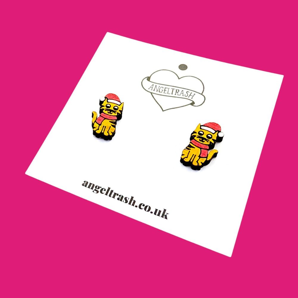 Wooden - Tiny Hand Painted Studs -Christmas Cat in a Hat