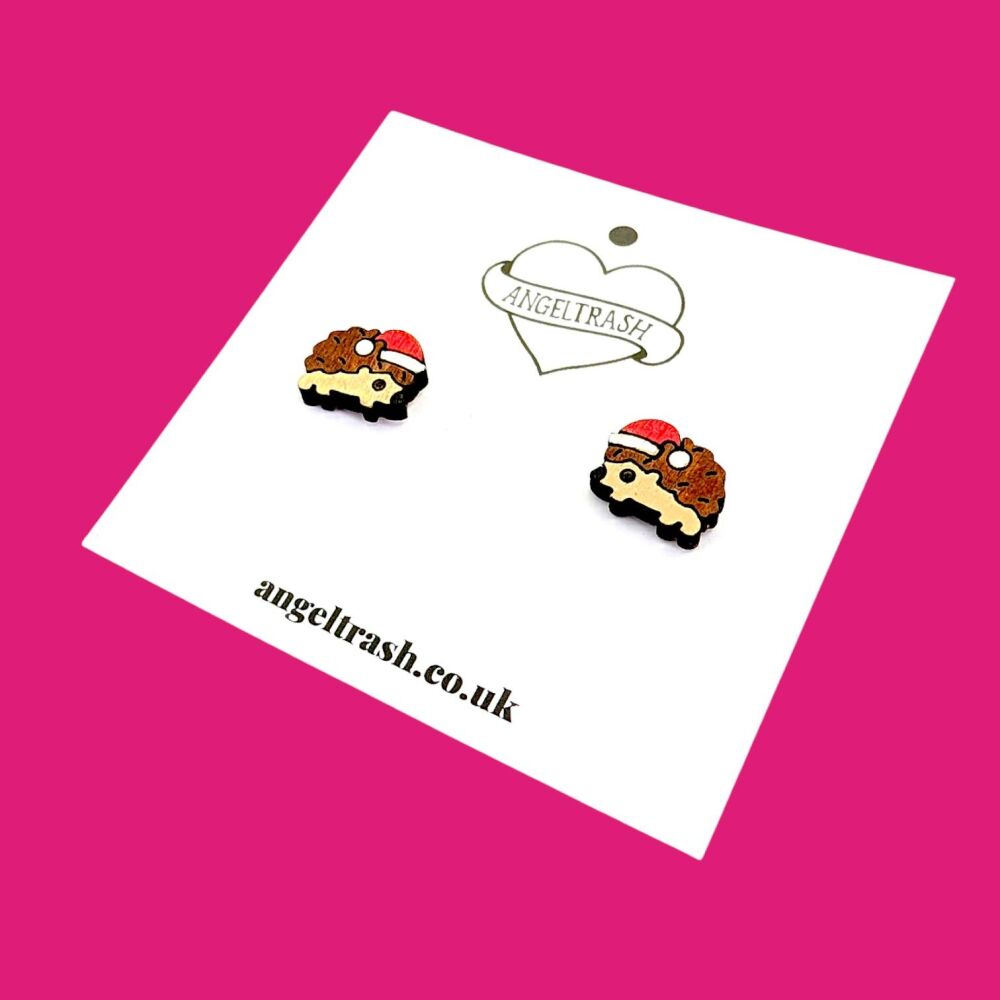 Wooden - Tiny Hand Painted Studs -Christmas Hedgehog