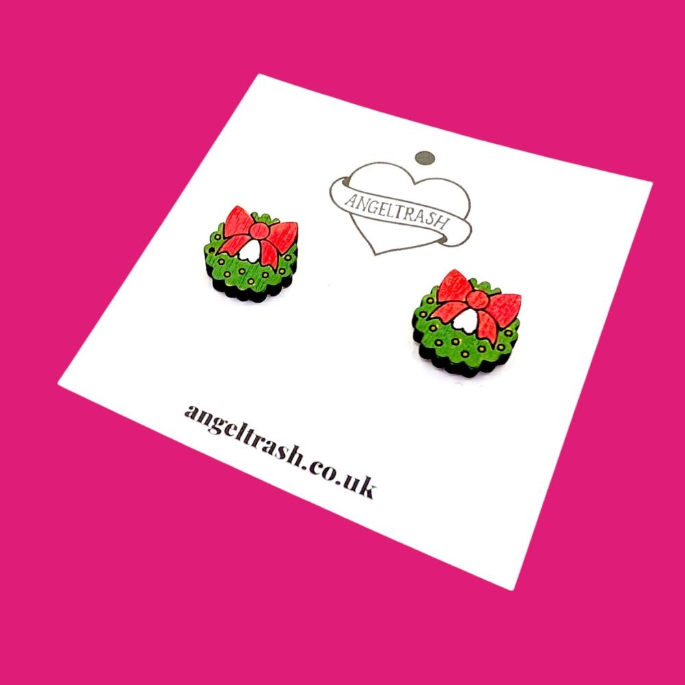 Wooden - Tiny Hand Painted Studs -Christmas Wreath