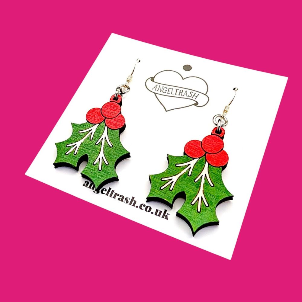 Wooden - Hand Painted Dangles - Christmas Holly