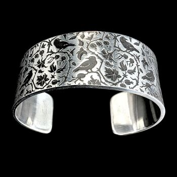 Bracelet - Pewter Wide Cuff Bracelet with Raven Forest pattern