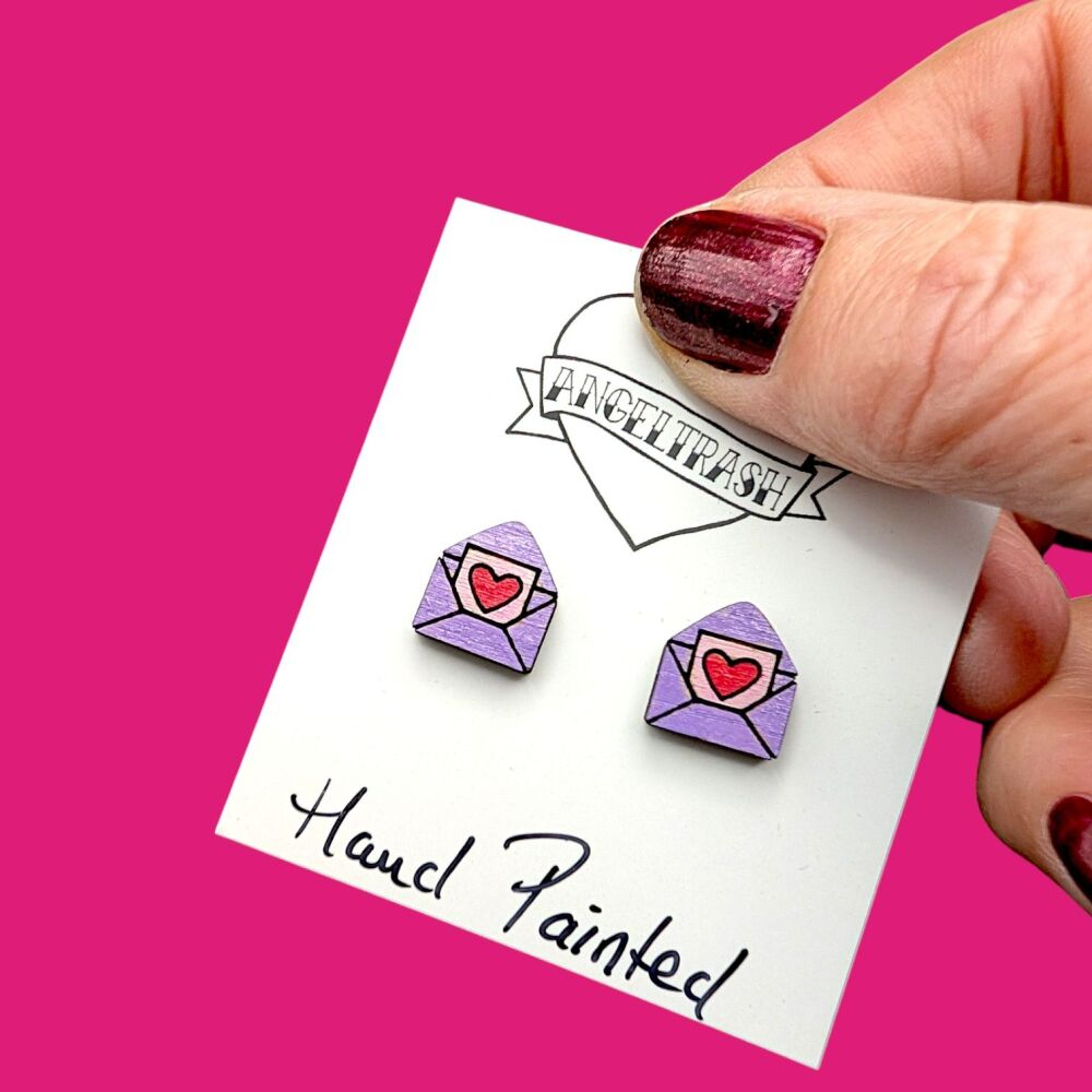 Wooden - Tiny Hand Painted Studs -Valentine Design 1