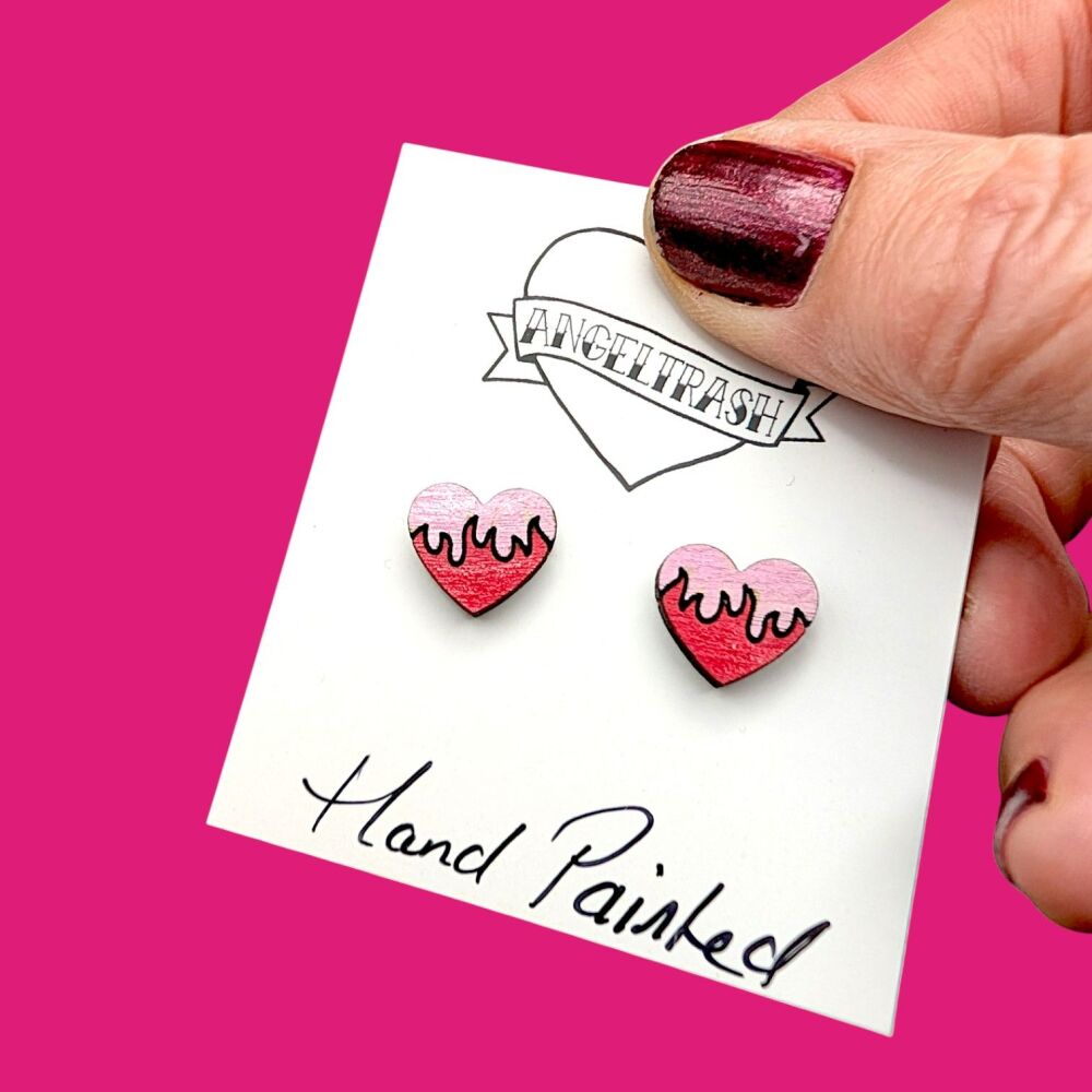 Wooden - Tiny Hand Painted Studs -Valentine Design 9