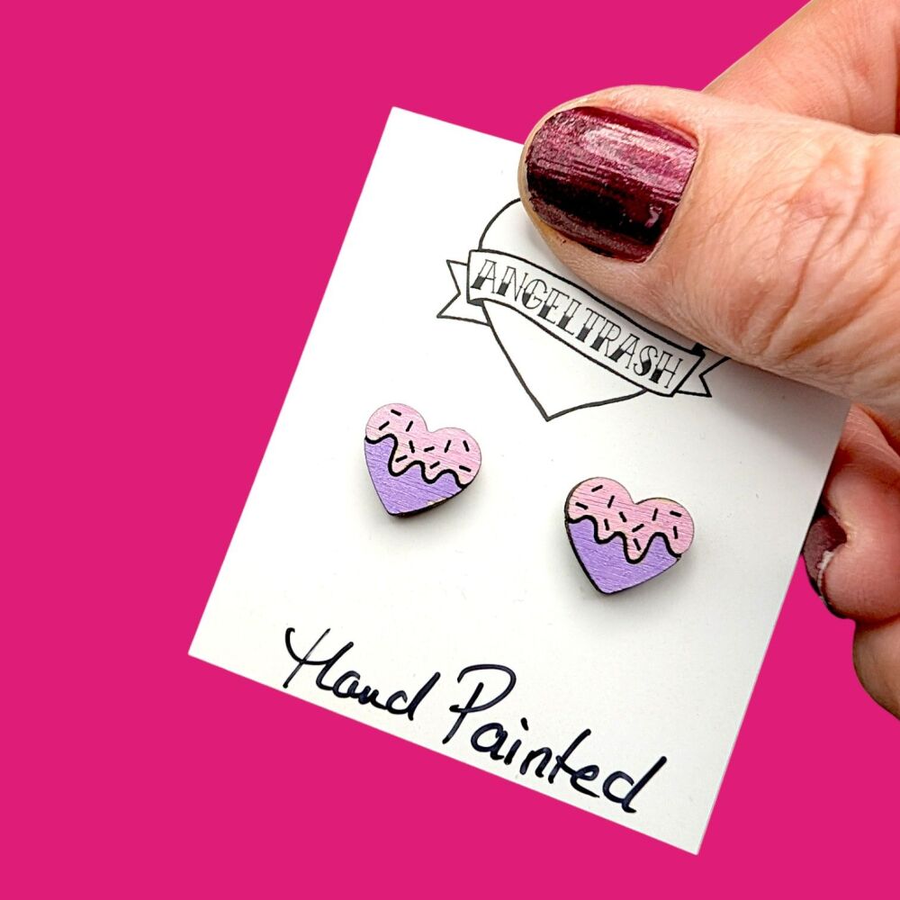 Wooden - Tiny Hand Painted Studs -Valentine Design 11