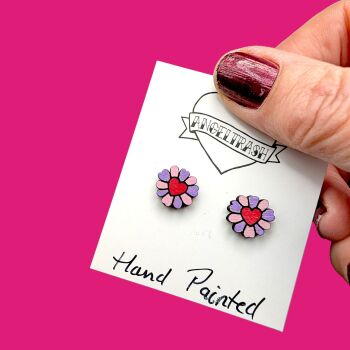 Wooden - Tiny Hand Painted Studs -Valentine Design 13