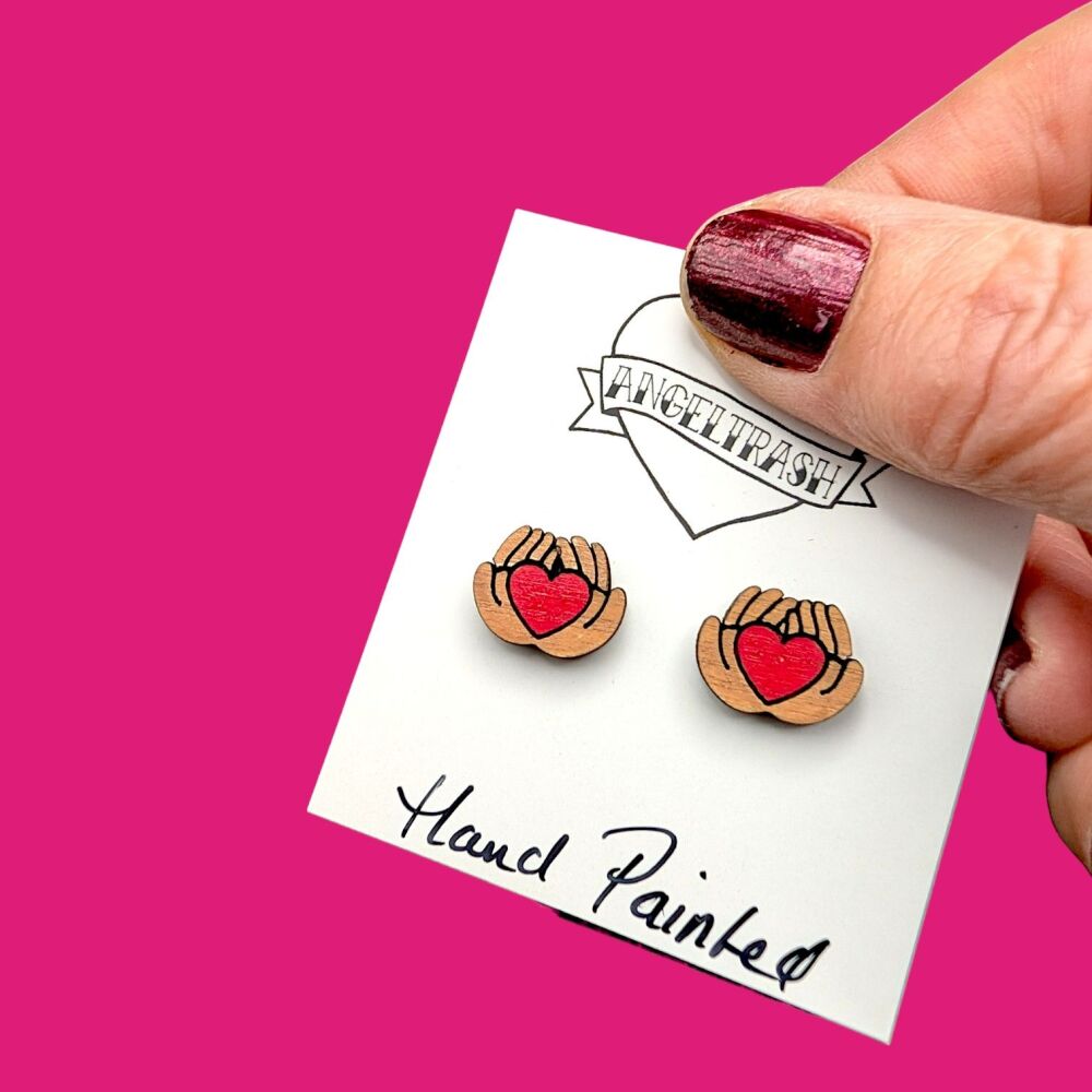 Wooden - Tiny Hand Painted Studs -Valentine Design 14