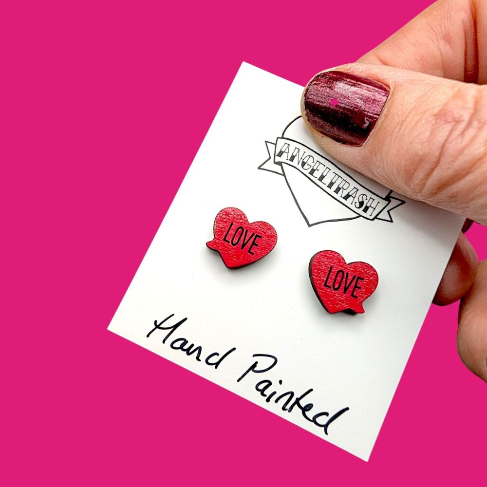 Wooden - Tiny Hand Painted Studs -Valentine Design 16