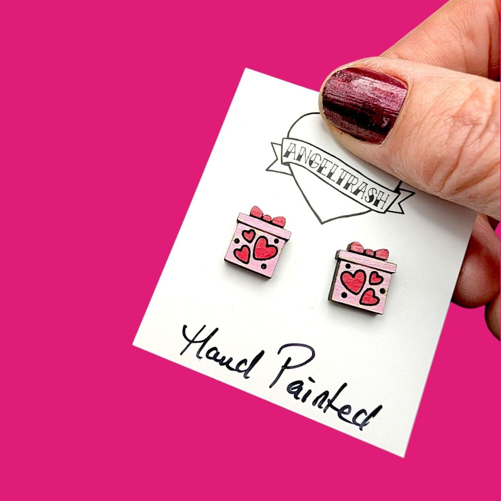 Wooden - Tiny Hand Painted Studs -Valentine Design 17