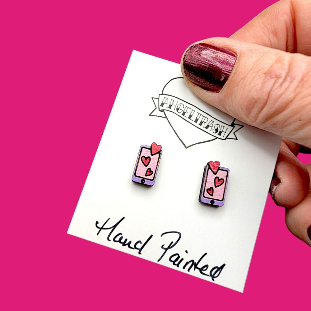 Wooden - Tiny Hand Painted Studs -Valentine Design 18