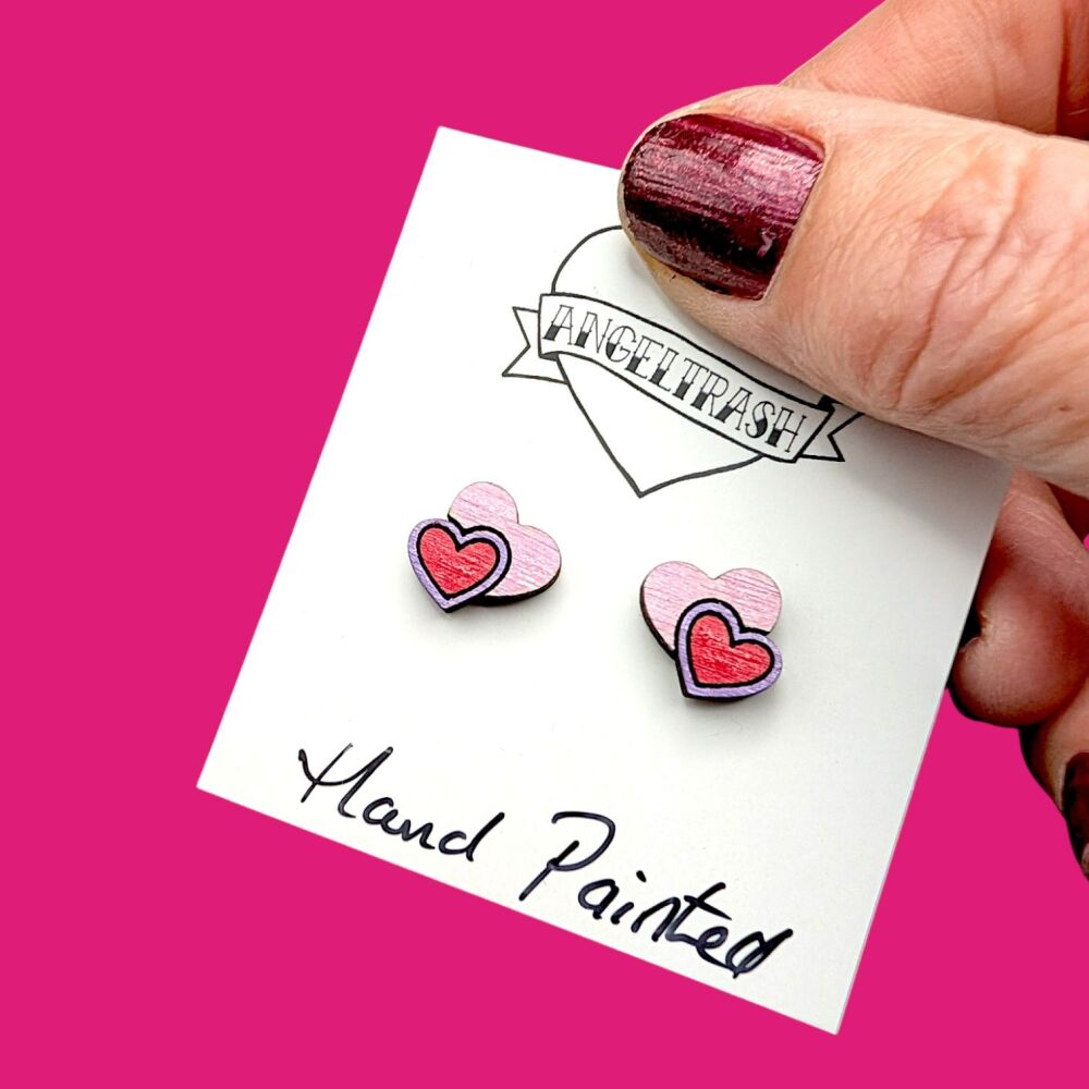 Wooden - Tiny Hand Painted Studs -Valentine Design 23