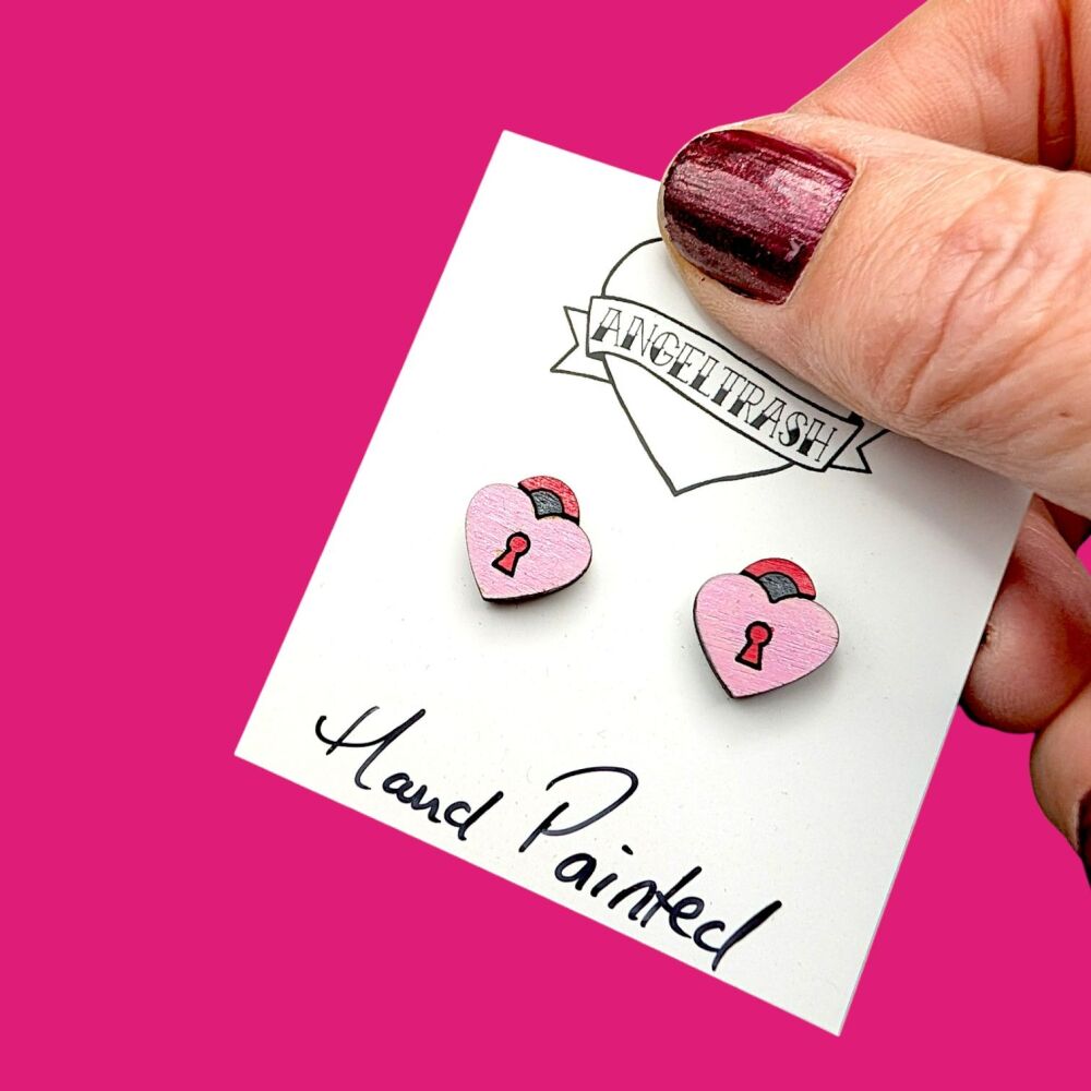 Wooden - Tiny Hand Painted Studs -Valentine Design 24