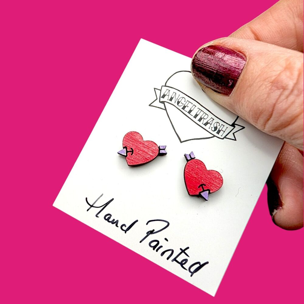 Wooden - Tiny Hand Painted Studs -Valentine Design 25