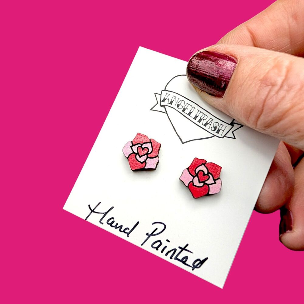 Wooden - Tiny Hand Painted Studs -Valentine Design 26